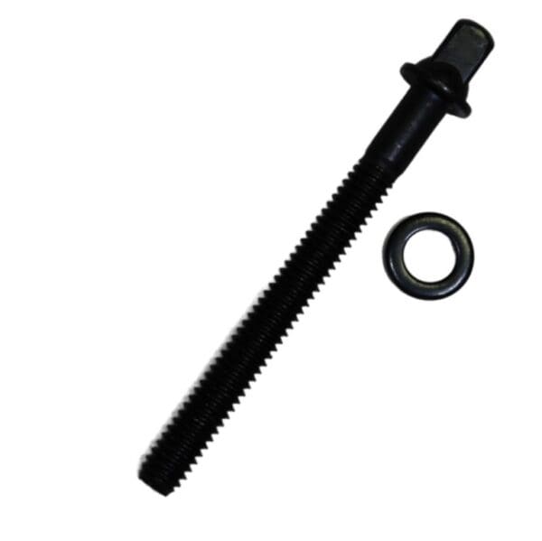 A black screw and a washer on a white background.