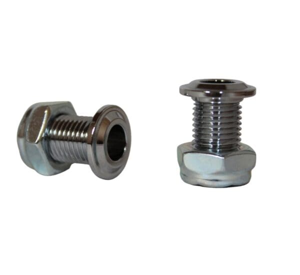 A pair of stainless steel screws on a white background.